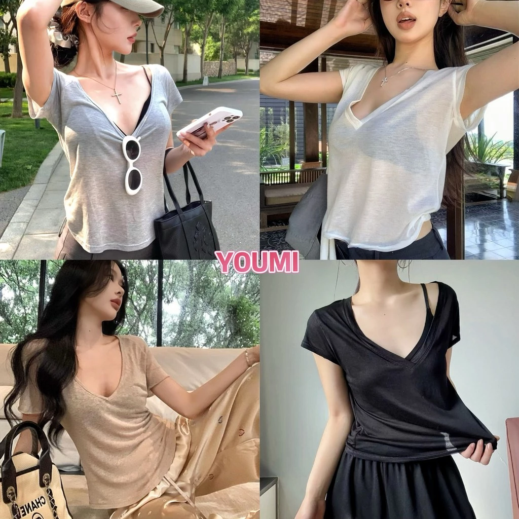 YOUMI ส่งไวจากไทย เสื้อแขนสั้น คอวี ป้องกันแดด ทรงหลวม หวานเซ็กซี่ ใส่สบาย