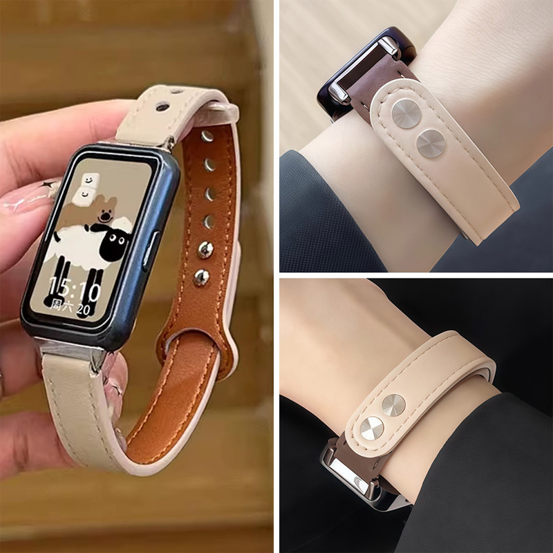 หนังสําหรับ Huawei Band 11 /11 Pro สายรัดกีฬาเปลี่ยนสายนาฬิกาโลหะคู่เล็บหัวเข็มขัด Brecelet ผู้หญิงสายรัดข้อมือ