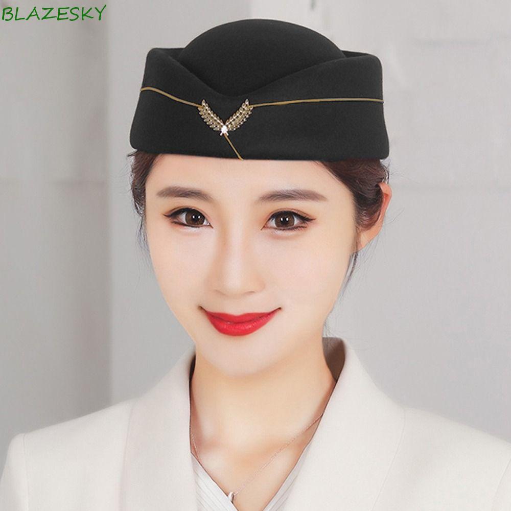 BLAZESKY Air Hostess หมวกสําหรับผู้หญิงแผนกต้อนรับมารยาทหมวกคอสเพลย์ขนสัตว์ปรับการแสดงบนเวที Elegant
