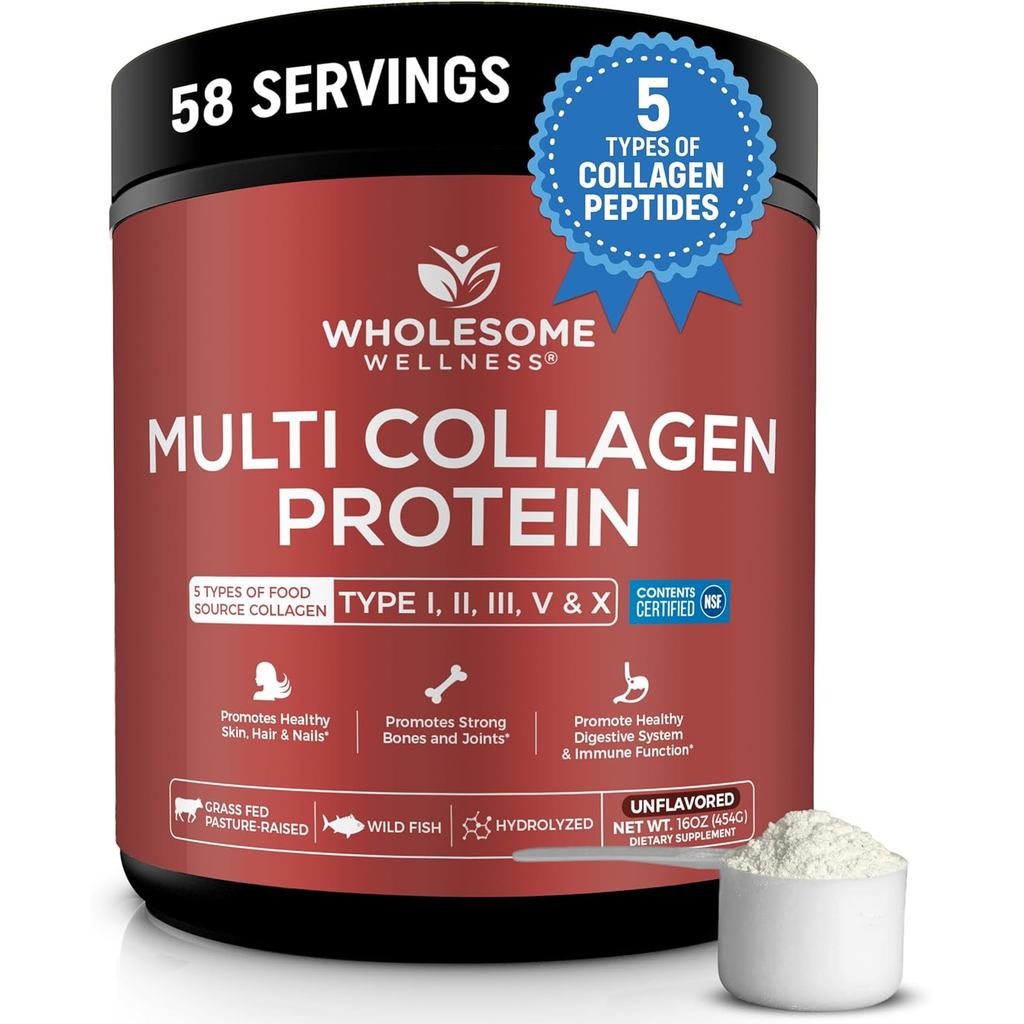 Wholesome Wellness Premium Multi Collagen Peptides โปรตีนผงสําหรับผู้หญิงและผู้ชาย, 5 ชนิดของคอลลาเจ