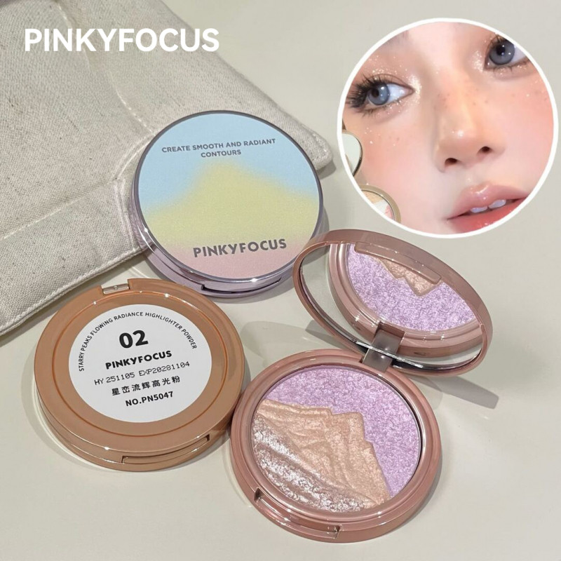 PINKYFOCUS พาเลทไฮไลท์ สามสี เปลี่ยนสีได้ แตก ไดมอนด์ ใส ธรรมชาติ ทุกวัน อายแชโดว์