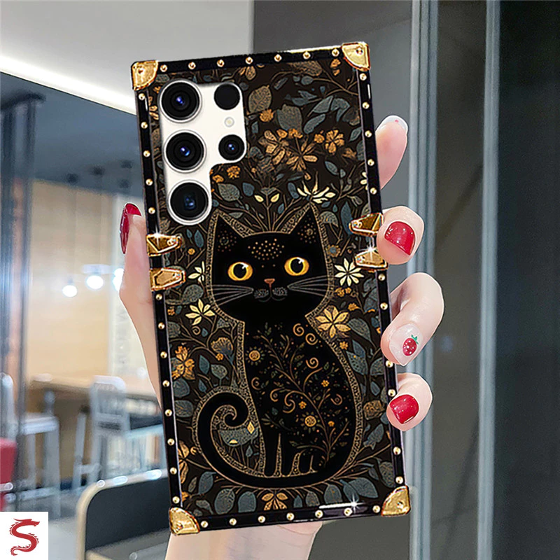 ปลอก Samsung S26 Ultra S25Ultra S24Ultra S24+ S23+ S22 S21 FE Note20 แฟชั่นดอกไม้แมวดํารูปแบบ Square เคสโทรศัพท์กันกระแทก