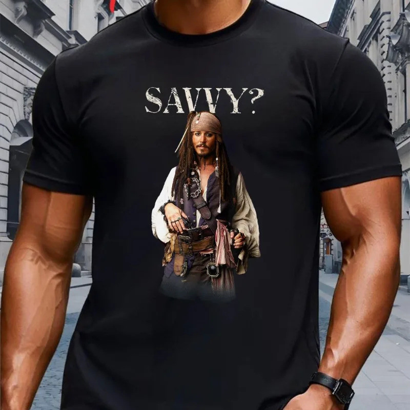 韩国 2026Disney Official Pirates of The Caribbean Jack Sparrow เสื้อยืดผู้ชาย - พิมพ์ด้วย Jack Sparrow