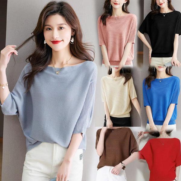 Chili#เสื้อยืดแขนสั้นผู้หญิงแบบเปิดไหล่ สไตล์เกาหลี แขนทรงปีกค้างคาวหลวมๆ เหมาะสำหรับทุกฤดูกาล#88056
