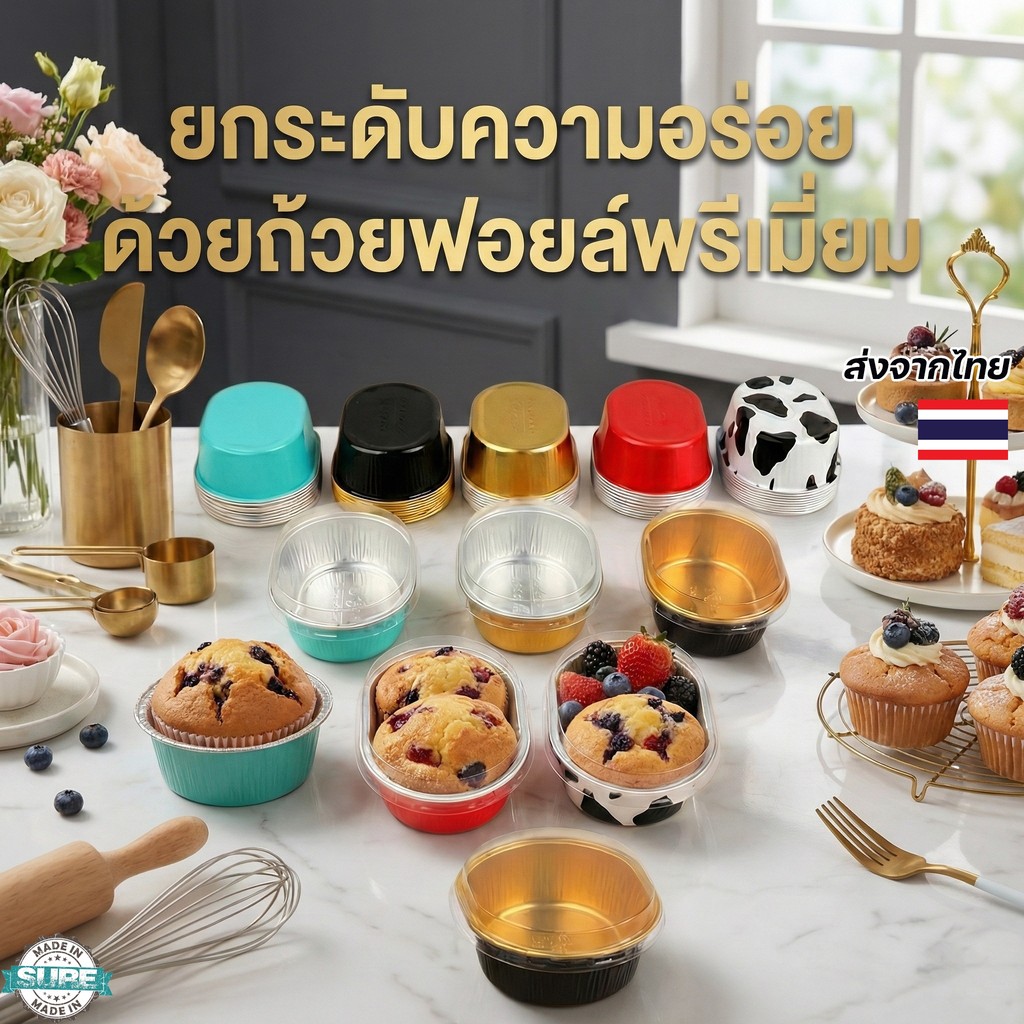 แม่พิมพ์ถ้วยฟอยล์อลูมิเนียมพร้อมฝา 10 ชิ้น ทนร้อน เตาอบได้ ใช้ทำเค้ก คัพเค้ก ขนม และอาหารเบเกอรี่