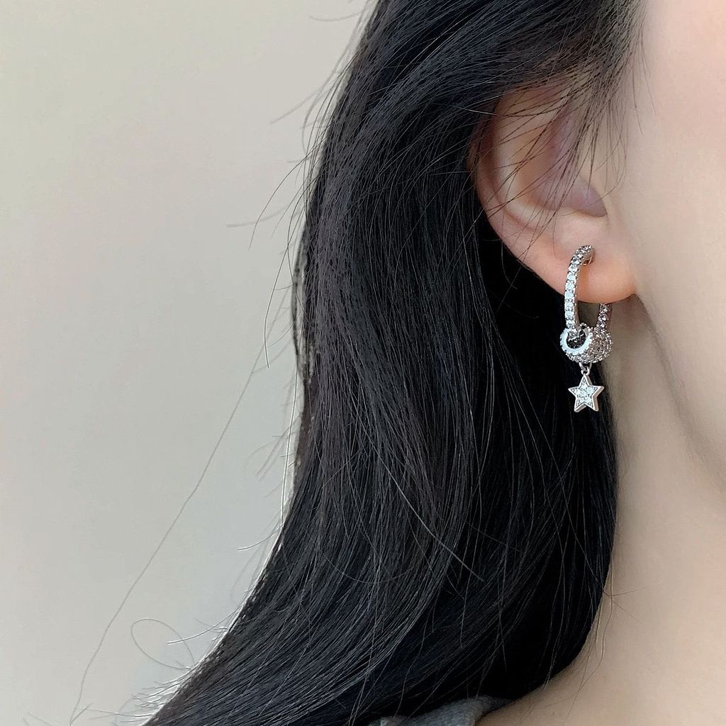 ต่างหู ทองแดงชุบทองจริงไมโครฝังเพทายห้าแฉกดาวต่างหูพู่สุภาพสตรีเครื่องประดับ - รูปที่ 4