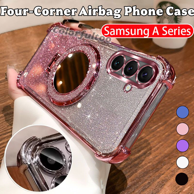 SAMSUNG สําหรับSamsung Galaxy A07 A17 Lte A27 A37 A57 A56 A36 A26 A16 A06 4G 5Gโปร่งใสGlitter Blingนุ่มเคสโทรศัพท์กระจกแม่เหล็กผู้ถือแหวนวงเล็บถุงลมนิรภัยป้องกันฝาครอบเชลล์