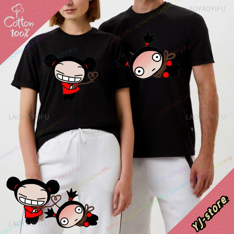 ชุดคู่ชาย เสื้อผ้า Pucca และ Garu สตรีทแวร์ รักกราฟิก Y2k เสื้อยืด 100% ผ้าฝ้ายสำหรับผู้ชาย เสื้อผ้า