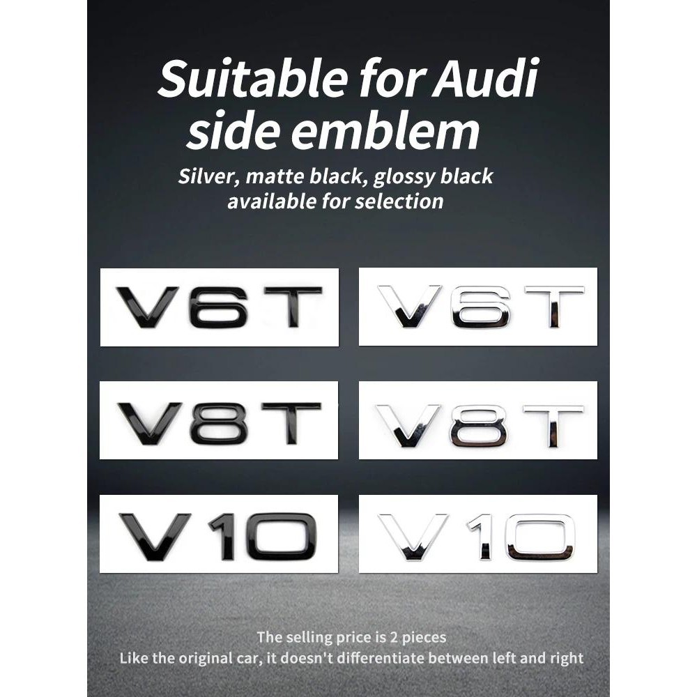เหมาะสําหรับ Audi S4 S5 S6 S7 R8 ด้านข้างสัญลักษณ์ V6T V8T V10 ตัวอักษร 3D สัญลักษณ์สติกเกอร์ตกแต่งเ