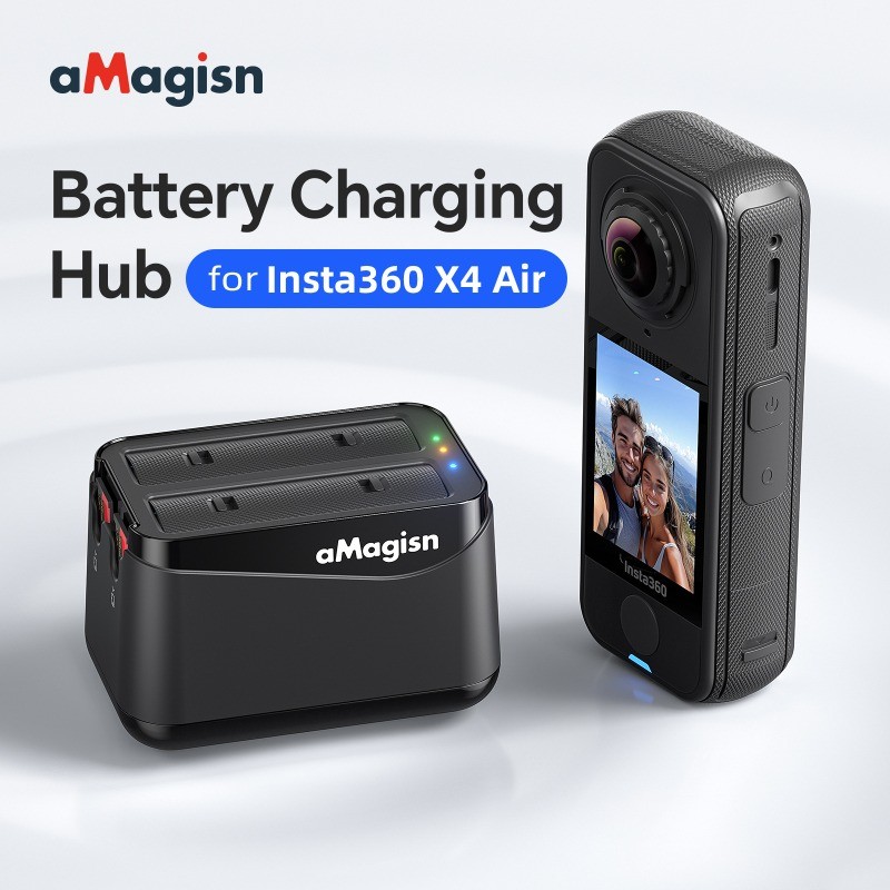 AMagisn เครื่องชาร์จแบตเตอรี่แบบ Dual-Channel แบบพกพาสําหรับ Insta360 X4 Air Charger Manager พร้อมช่องเสียบการ์ด SD อุปกรณ์เสริมสําหรับกล้องแอคชั่น