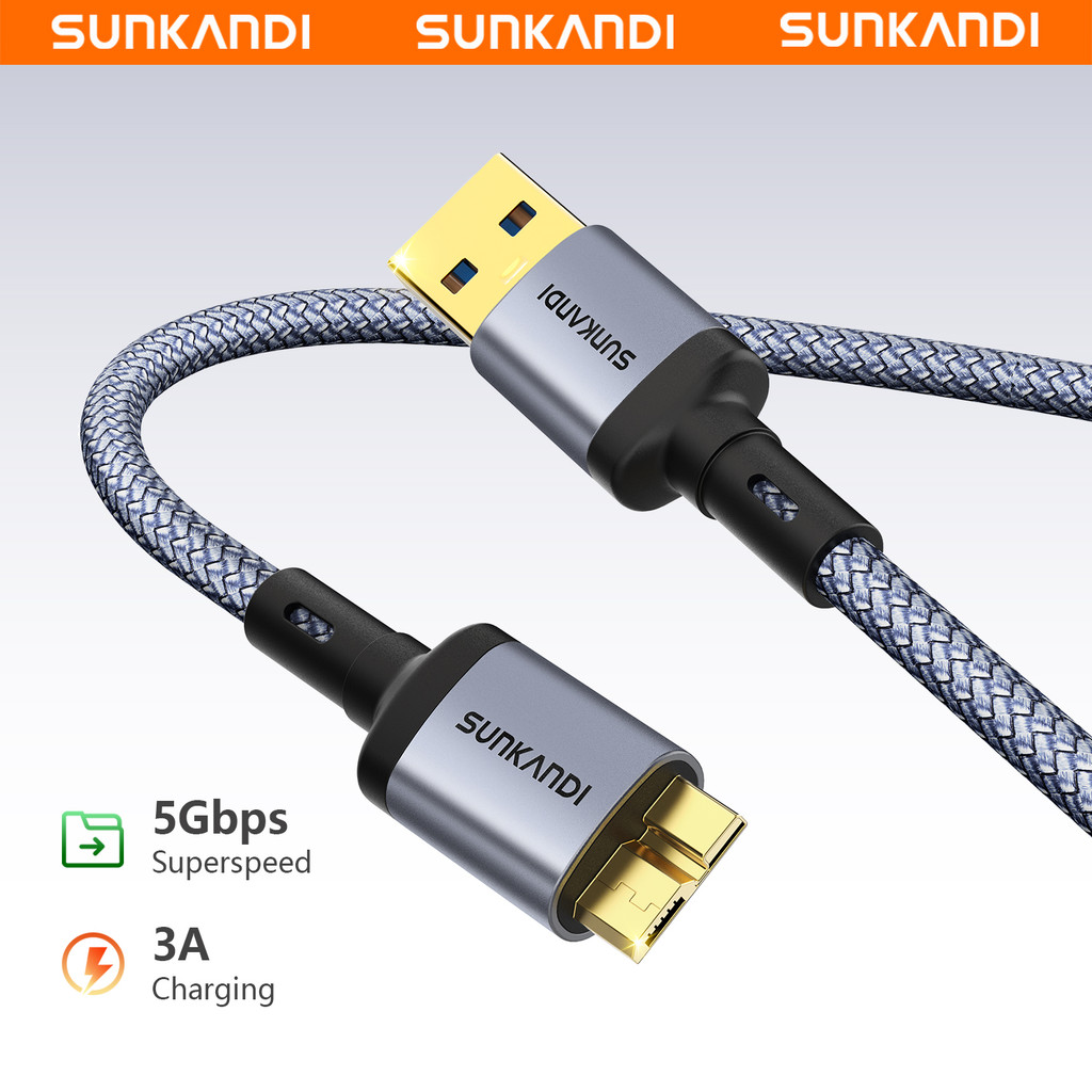 SUNKANDI 5Gbps USB 3.0 ถึง Micro B สายเคเบิลฮาร์ดไดรฟ์สําหรับฮาร์ดไดรฟ์ภายนอกแล็ปท็อปกล้องทีวี
