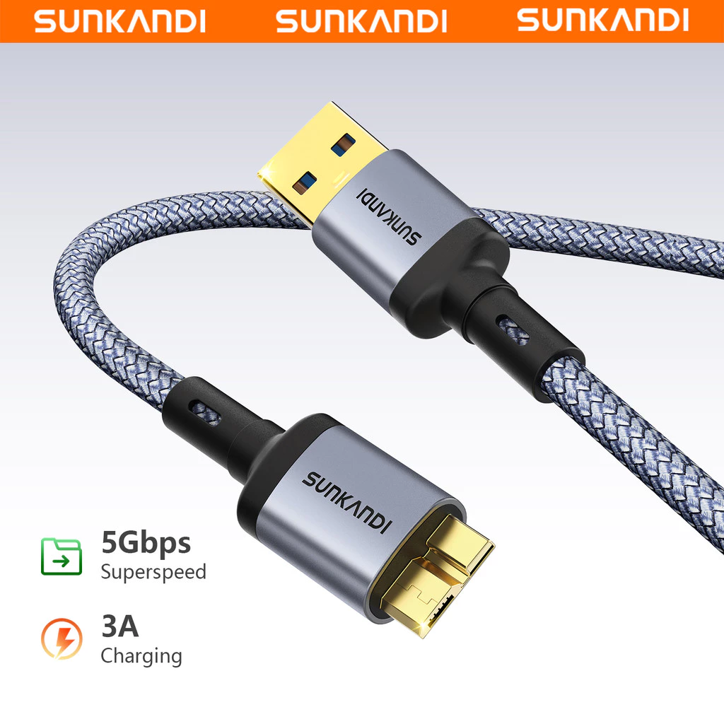 SUNKANDI 5Gbps USB 3.0 ถึง Micro B สายเคเบิลฮาร์ดไดรฟ์สําหรับฮาร์ดไดรฟ์ภายนอกแล็ปท็อปกล้องทีวี