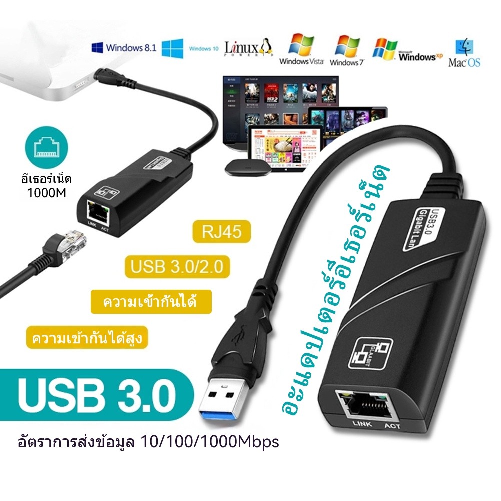 USB 3.0 to RJ45 Gigabit Lan 100/1000 Ethernet Adapter แปลง USB3.0 เป็นสายแลน ไดรเวอร์ในตัว