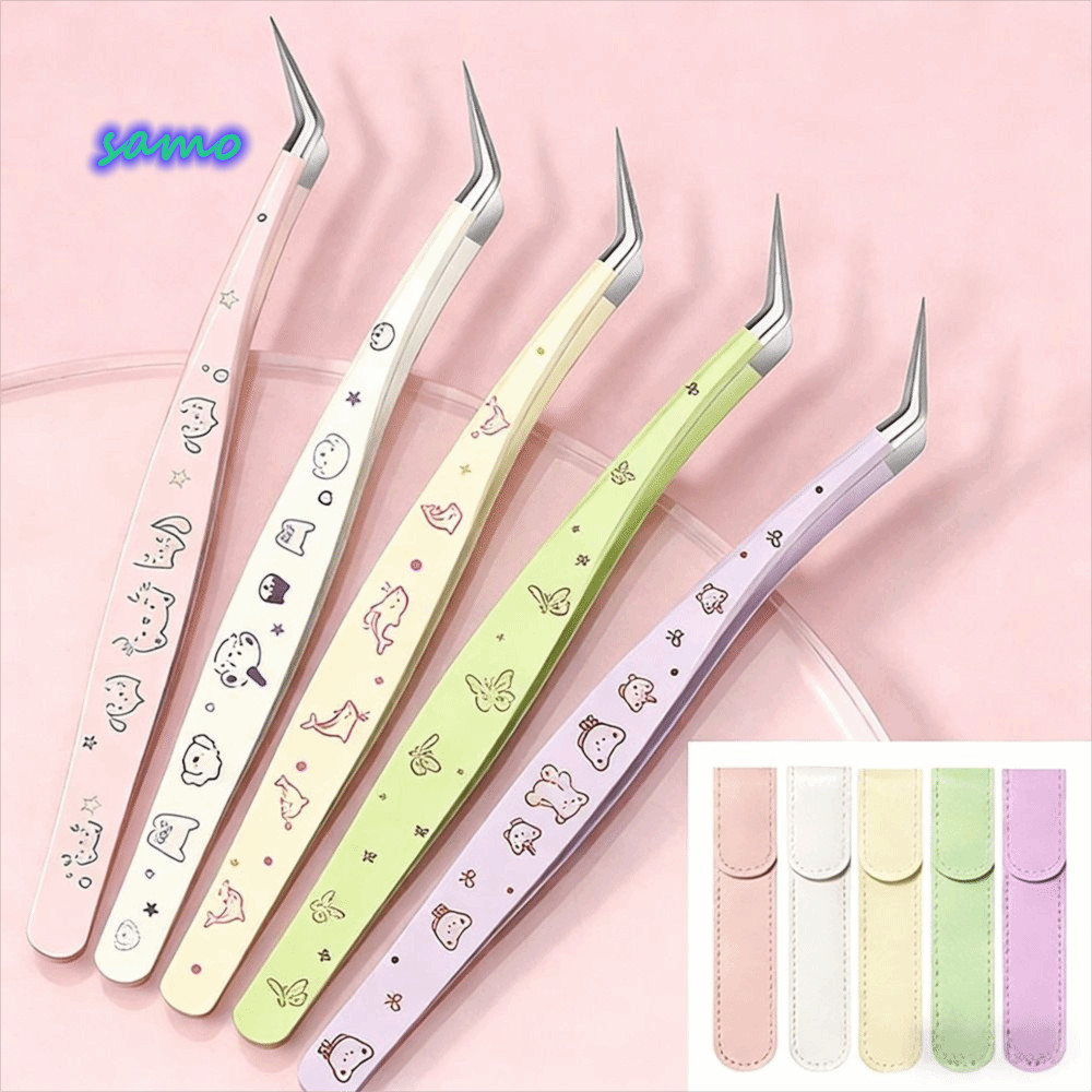 SAMO แหนบขนตาปลอม, ป้องกันไฟฟ้าสถิตย์ด้วยหนัง Lashes Extension Tweezer, Professional สแตนเลสความแม่นยําสูงการ์ตูน Eyelash Curler เครื่องมือแต่งหน้าความงาม