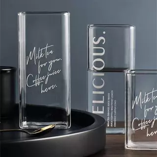 พร้อมส่ง! แก้วกาแฟ แก้วนมทรงสี่เหลี่ยมทนความร้อน ถ้วยนมเครื่องดื่มเย็น น้ำผลไม้ DELICIOUS glass แก้วทรงก้นโอ่ง