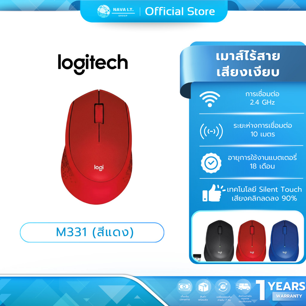 🛵มีส่งด่วน💨 LOGITECH M331 เม้าส์ไร้สายไร้เสียง RED WIRELESS SILENT PLUS CORDLESS MOUSE (แพคเกจใหม่)