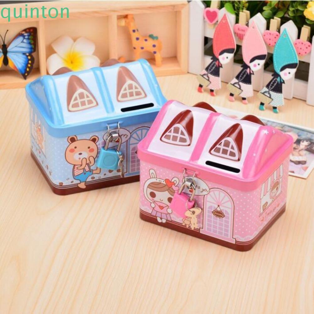 QUITON House Coin Box, Cute Metal House Shape Piggy Bank, Money Box Creative with Key Lock Coin Safe