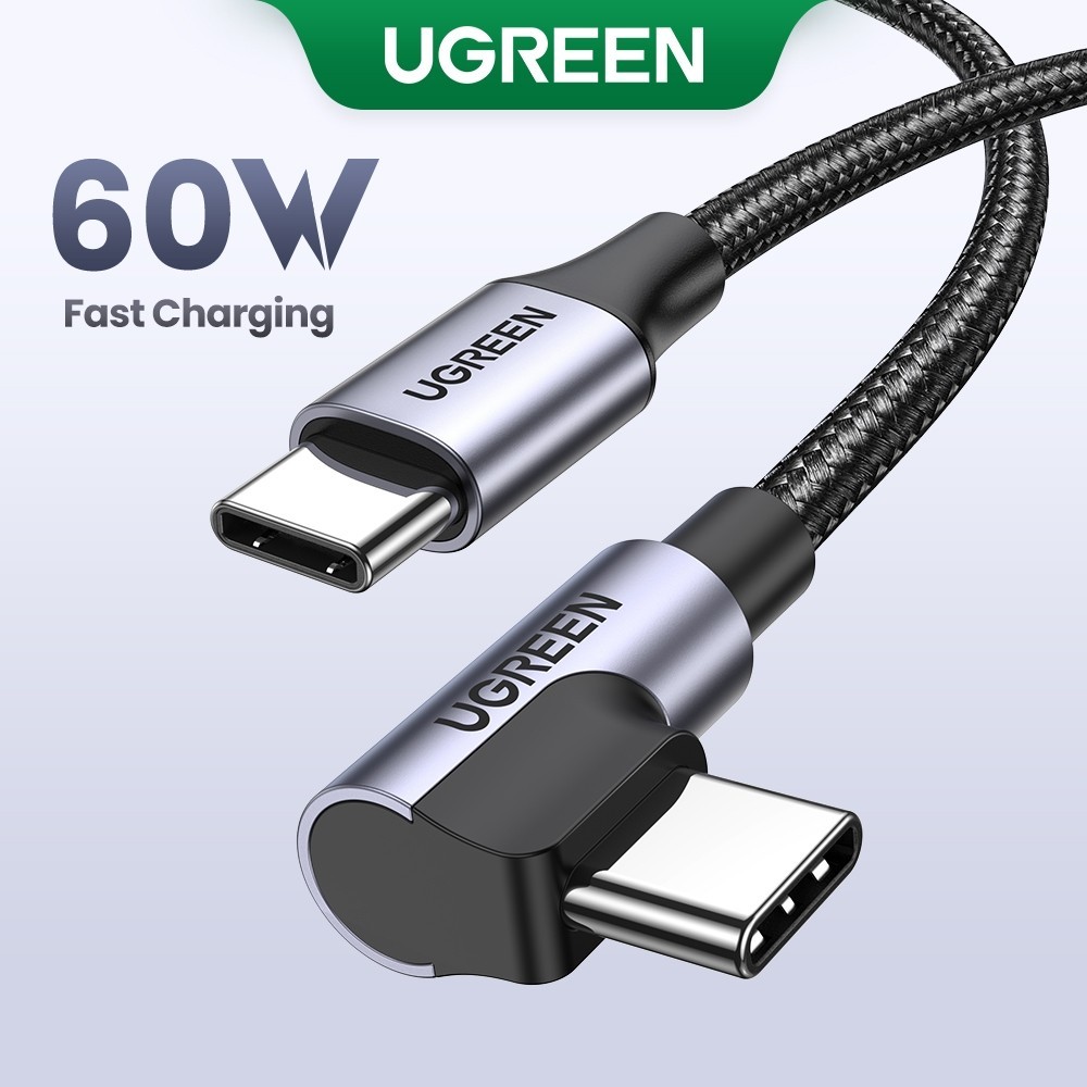 UGREEN 60W PD 90°USB C ถึง USB C สายถักไนลอนชาร์จเร็วด่วนสําหรับ Samsung S9 S8 Plus