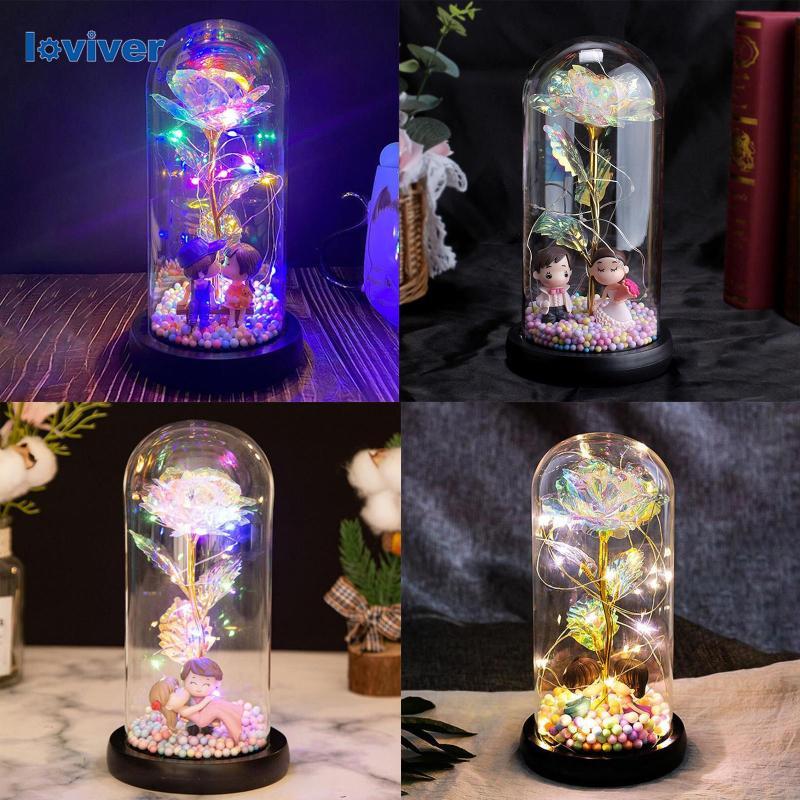 [Loviver] Forever Rose Flower Light LED ฟอยล์สีทอง Rose ในแก้วสําหรับวันวาเลนไทน์วันแม่ครบรอบวันเกิด