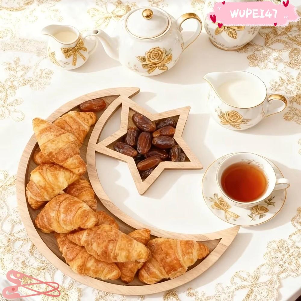 WUPEI47AD จานขนม, งานฝีมือมัลติฟังก์ชั่นถาดดาวดวงจันทร์ไม้, Ramadan Eid ถาดตกแต่งวันหยุด