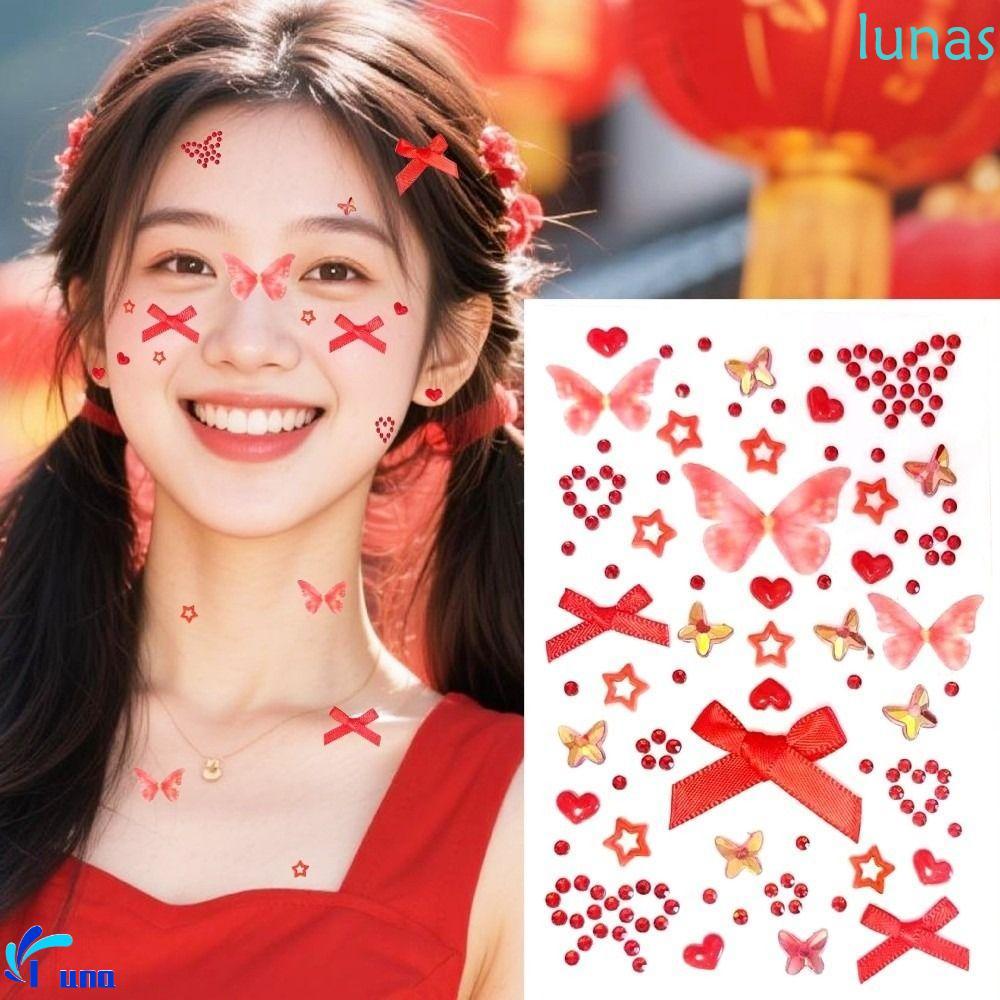 LUNASOL Face รอยสักชั่วคราว, Rhinestone Bowknot 3D คริสตัลสติกเกอร์,สมุดภาพ Journal Love Heart แต่งห