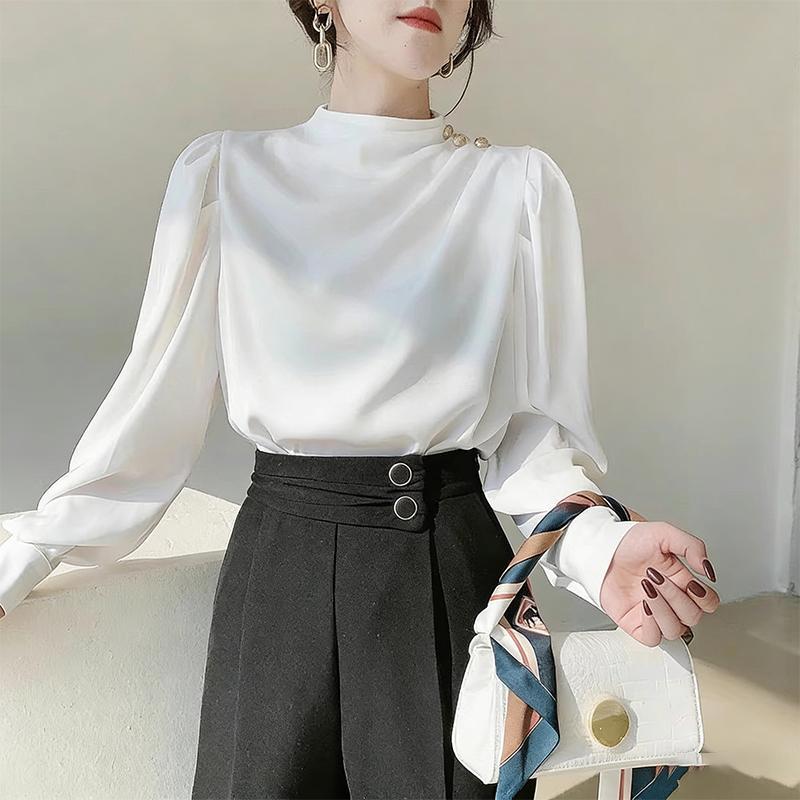 เสื้อเชิ้ตชาดินแขนยาว สีพึ้นดีไซน์งานเย็บเก็บเอว สวยหรูสไตล์ฝรั่งเศส แมตช์ง่าย-พร้อมส่งจากไทย-รุ่น99305