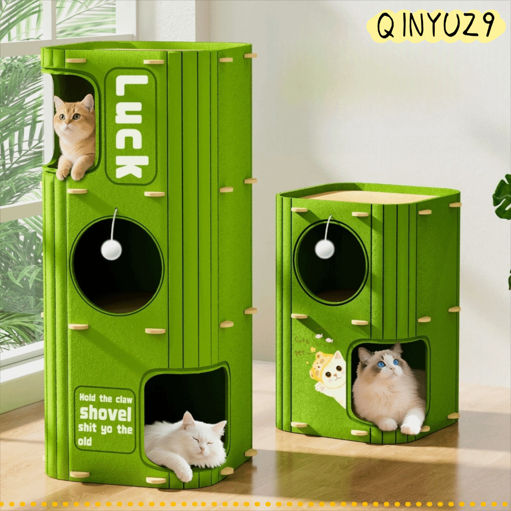 QINYUZ9QX บ้านปราสาทแมว 2 ชั้น/3 ชั้นพร้อมบ้านแมวหลุมสไตล์ญี่ปุ่นสีเขียว All-in-one คอนโดแมวทรงกระบอ