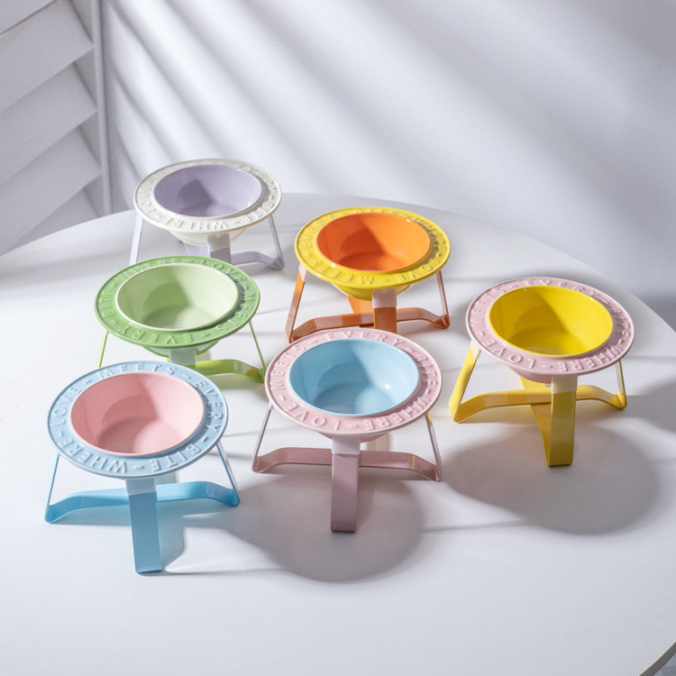 BD Flying Saucer เซรามิคชามแมวชามสุนัข Rack คอป้องกัน Anti-คว่ํา Macaron สีสัตว์เลี้ยงชามอาหารชามน้ํ