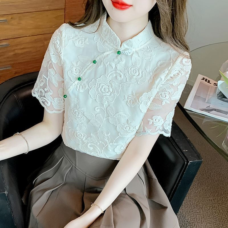 ผู้หญิง เสื้อลูกไม้ปัก เสื้อเชิ้ตแขนสั้น cheongsam top qipao top