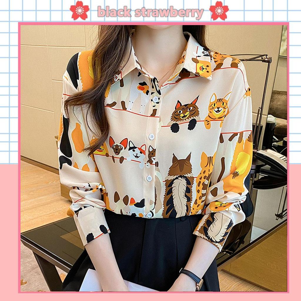 Black#เสื้อเชิ้ตลายดอกแขนยาว แขนโคมไฟ ผ้าชีฟอง ทรงหลวม ระบายอากาศดี เทศกาลสาดน้ำ “w331”