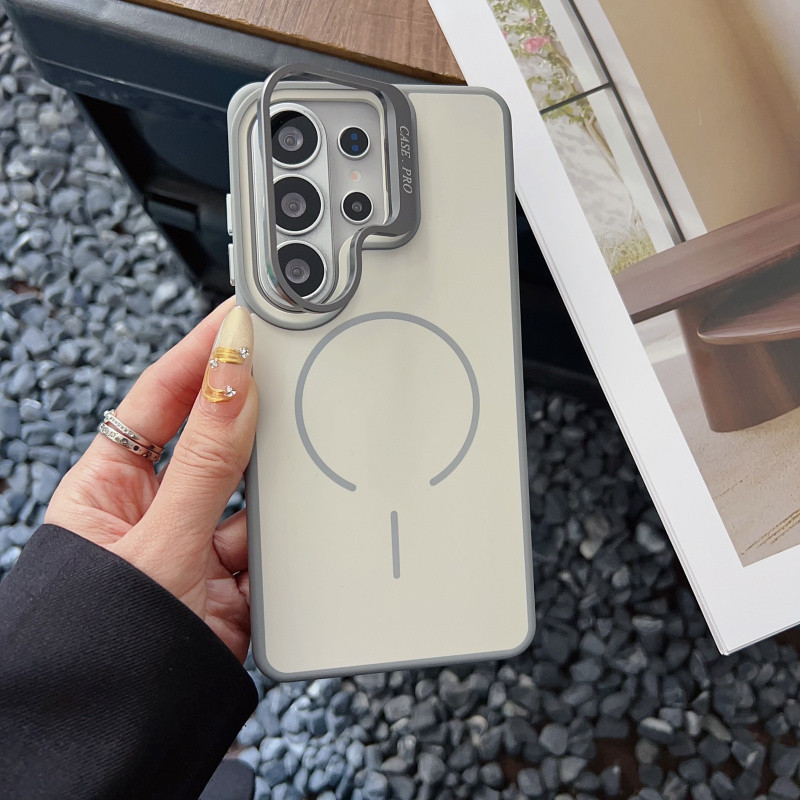SAMSUNG Luxury Matte เลนส์แม่เหล็กสําหรับSamsung S26 Ultra Plus S25FE S25 Ultra S24 S23 S22 Ultra Plus FE A57 A37 A17 A07 Kickstandชาร์จไร้สายปกแข็ง