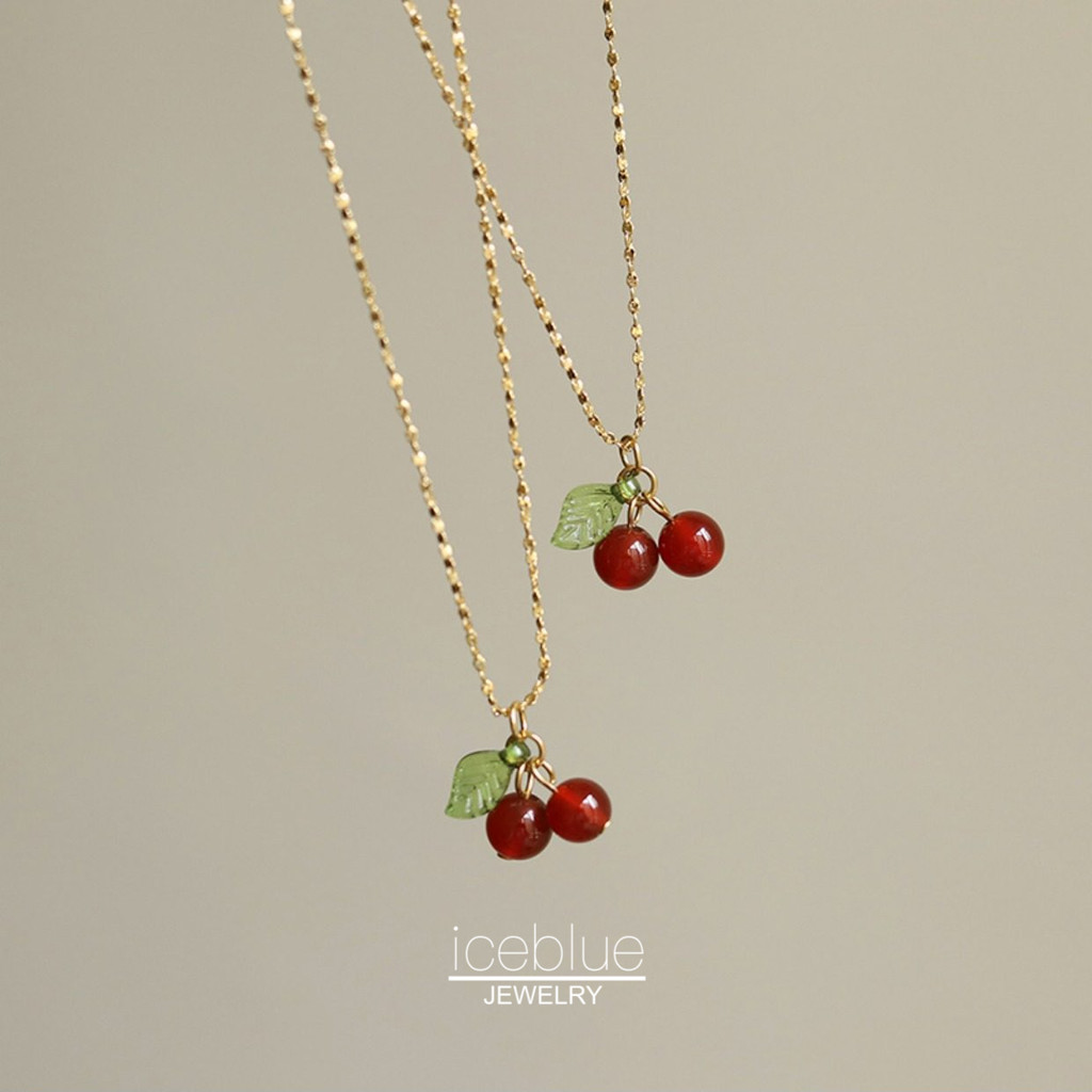 Iceblue-18K Gold Plated Red Agate Cherry จี้ Handmade สร้อยคอ Hypoallergenic กันน้ํา Non Tarnish เครื่องประดับสําหรับผู้หญิงสาวนักเรียนของขวัญ N205