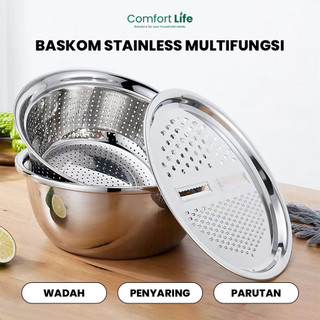 COMFORT LIFE Baskom Stainless Set 3 In 1 Dengan Parutan Tirisan Multifungsi