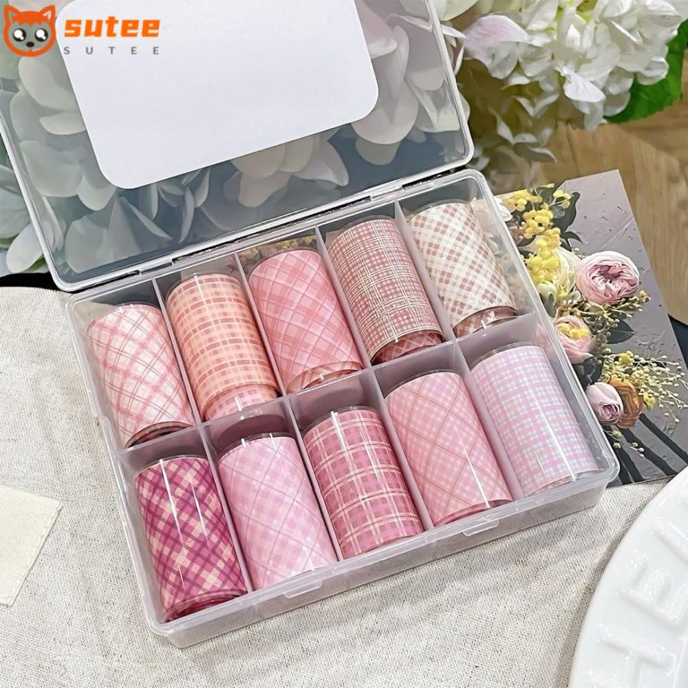 ใส่ 10 ม้วนฟอยล์ลายดาวสีชมพู ตาราง ลายเล็บ สติ๊กเกอร์ ปั๊มลายสก๊อต DIY เล็บ ศิลปะ