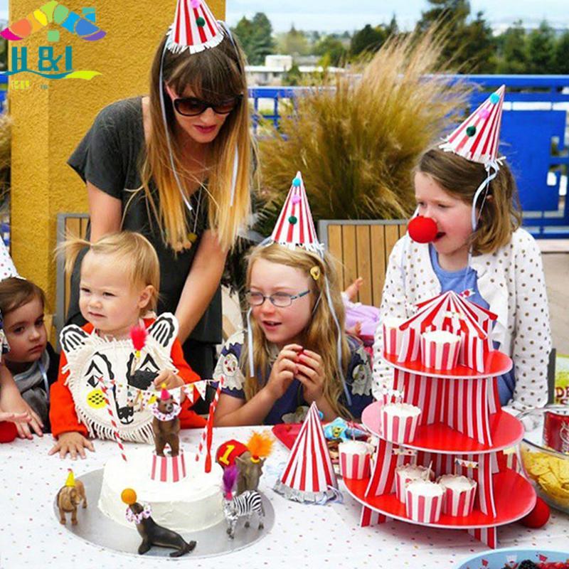 H&L 1Set 3 ชั้น Circus Carnival กระดาษ Cupcake Stand สีแดงลายอุปกรณ์ตกแต่งเค้กวันเด็กขนม Cupcake Sta