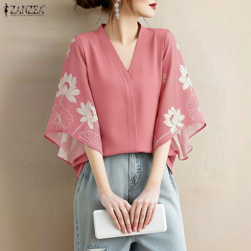 zanzea เสื้อลายดอกไม้สไตล์เกาหลีสำหรับผู้หญิง แขนบาน ทรงคล่องตัว — صورة 5