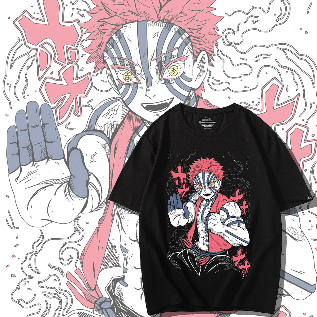 BAJU ANIME AKAZA DEMON SLAYER เสื้อยืดมังงะ Akaza พิมพ์ผ้าฝ้ายแขนสั้น TEE TOPS