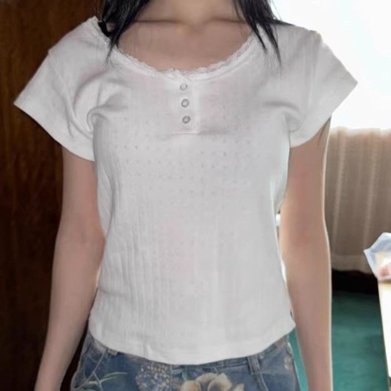 micki✨ผู้หญิง รุ่นใหม่ ประกบลูกไม้ เสื้อแขนสั้น เสื้อยืด เสื้อ