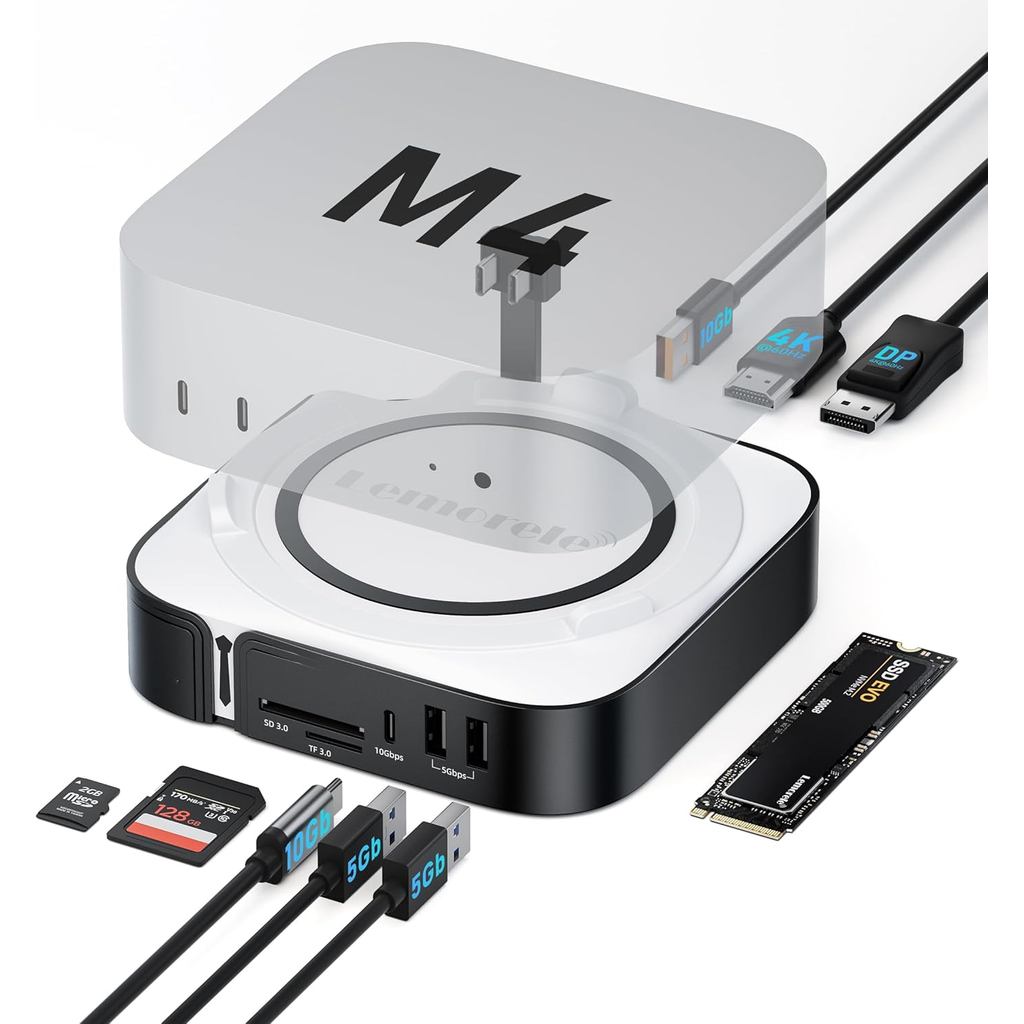 Lemorele 9-in-1 Mac mini M4 Dock, Dual 4K@60Hz HDMI 2.0 & DP 1.4, 10Gbps M.2 NVMe Slot, 10Gbps USB-C