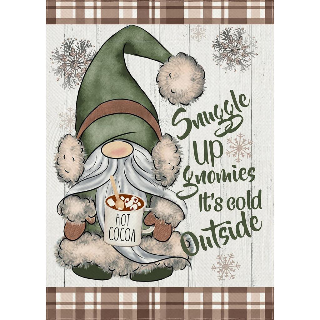 ฤดูหนาว Snuggle Up Gnomies เป็นเย็นนอกตกแต่งสวนธง,คริสต์มาสสีน้ําตาล Gnome ลายสก๊อตตกแต่งลาน,เกล็ดหิ