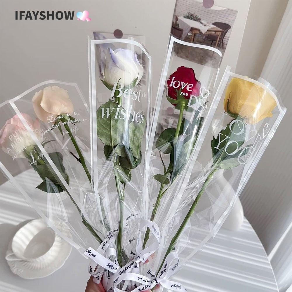IFAYSHOW 50 ชิ้นแขนดอกกุหลาบเดี่ยว, ถุงห่อดอกไม้สไตล์อิน, ครบรอบบรรจุภัณฑ์วัสดุดอกไม้โปร่งใสกันน้ํา