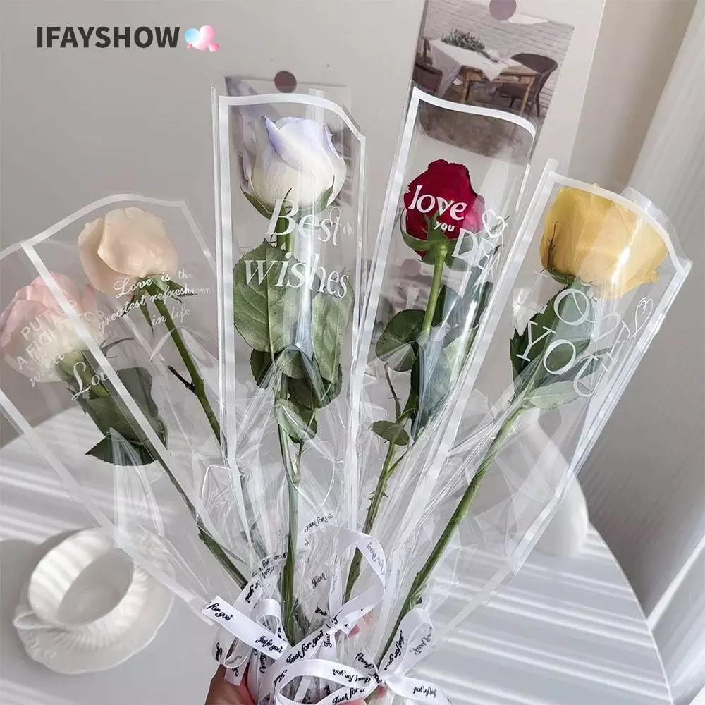IFAYSHOW 50 ชิ้นแขนดอกกุหลาบเดี่ยว, ถุงห่อดอกไม้สไตล์อิน, ครบรอบบรรจุภัณฑ์วัสดุดอกไม้โปร่งใสกันน้ํา