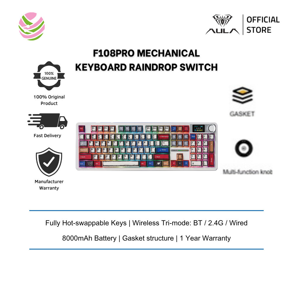 AULA F108PRO Mechanical Keyboard Comic (รูปแบบ 100%/ ไฟ RGB/ ไร้สาย tri-mode) F108PRO-COMIC-RAINDROP