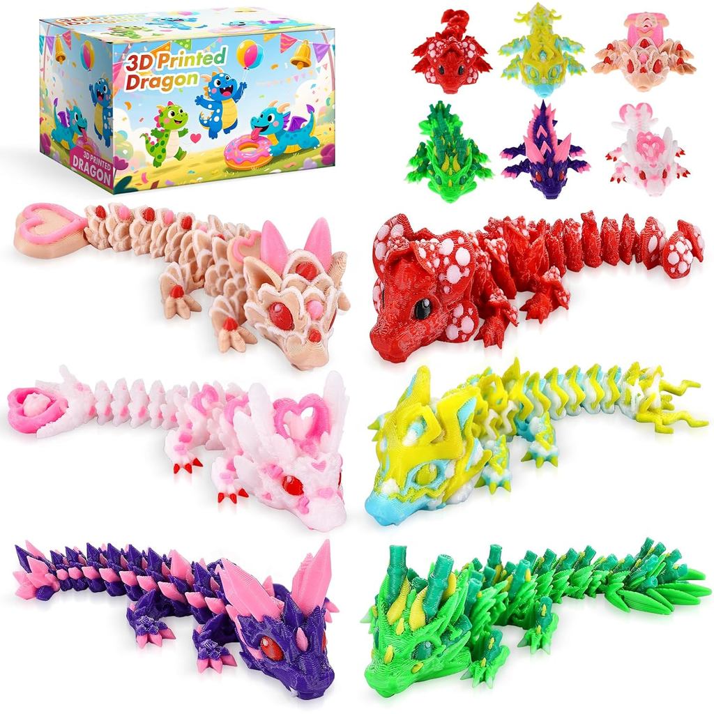 6 ชิ้นหลากสี 3D พิมพ์มังกร, 3D พิมพ์ Cherry Blossom Dragon ,หัวใจคุกกี้มังกร,3D พิมพ์ยืดหยุ่น Articu