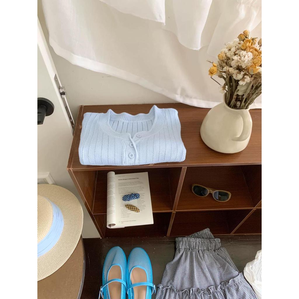 สีฟ้าบางฤดูร้อนT Counterดู2025 Top twเสื้อเกาหลีของแท้ไหล่สไตล์ใหม่ผู้หญิงแท้รอบคอถักแขนสั้นอินเทรนด