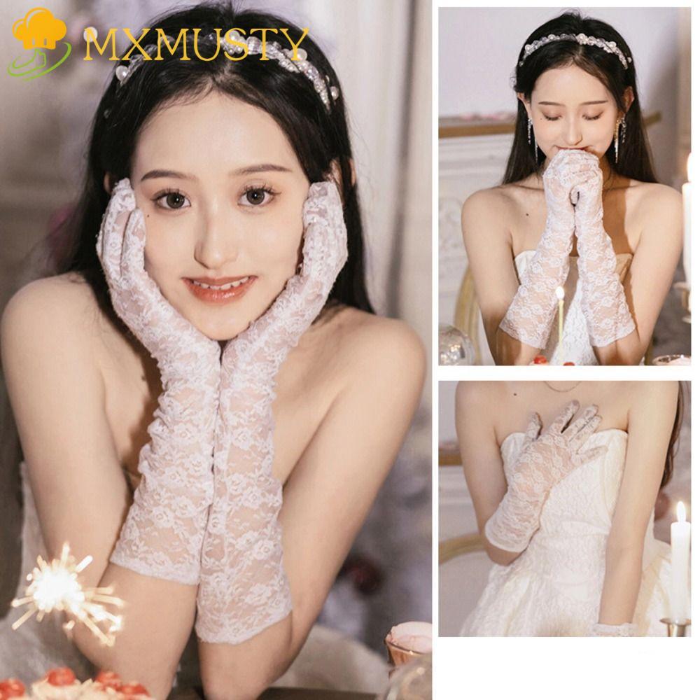 Mxmusty ซาตินถุงมือยาว,ลูกไม้สีขาวแต่งงานเจ้าสาวถุงมือ,ย้อนยุควินเทจหวานยืดหยุ่นยาวนิ้วจัดเลี้ยงนวม