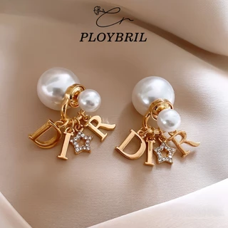 PLOYBRIL เดรช เข็มเงินเพชรดาวจดหมายลูกมุกต่างหูสองสวมใส่ E055