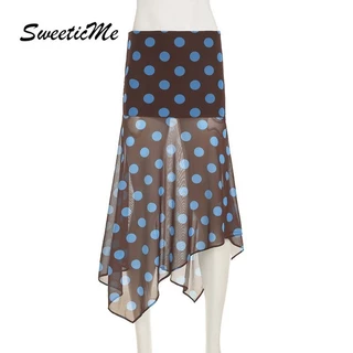 SweeticMe แฟชั่นผู้หญิงใหม่ Contrast สี Polka Dots ไม่สม่ําเสมอตาข่ายดูผ่านกระโปรงยาว