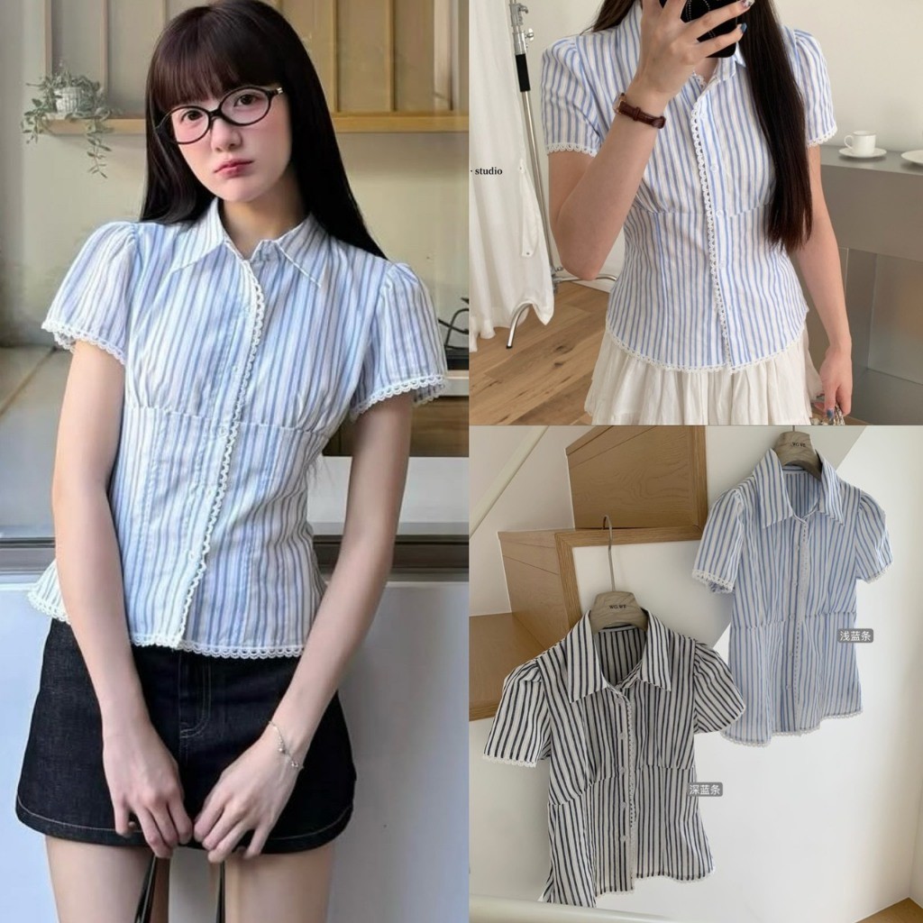 ❤ 🧵 🇰🇷 W9039 เสื้อเชิ้ต คอปกลายทาง แต่งลูกไม้ช่วงแขนและชายเสื้อ งานจริงน่ารักมาก แฟชั่นเกาหลี TAG WG.WE 🧵🧡