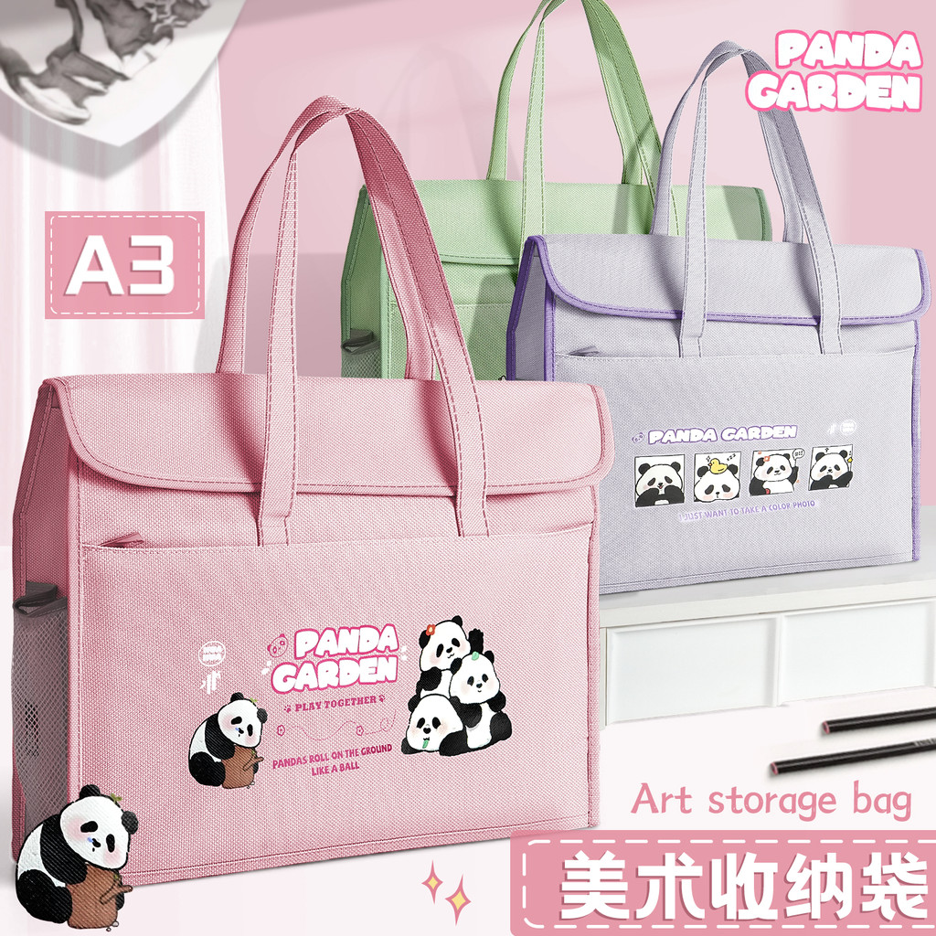 Panda A3 Flip File Bag Art Bag นักเรียนประถม Art Storage Bag Oxford Cloth Tote Bag Carpillar Large-ค